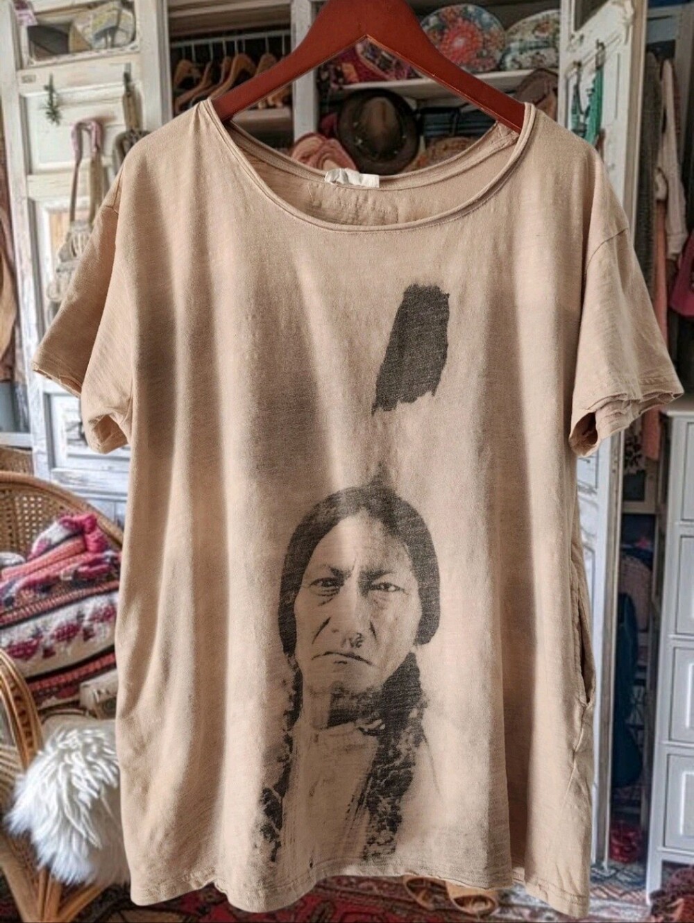 Magnolia Style Light Beige Hippie tshirt Blue Velvet Dress Tunic Top Bohemian L.